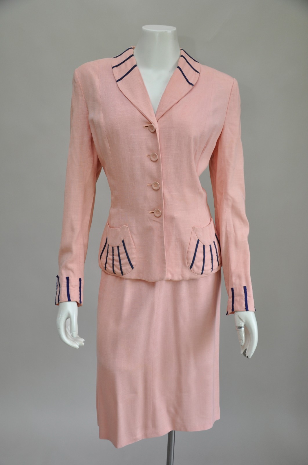 Vintage 1930s Tailored Dusty Pink & Navy Skirt Blazer Suit Wedding Fall Spring M