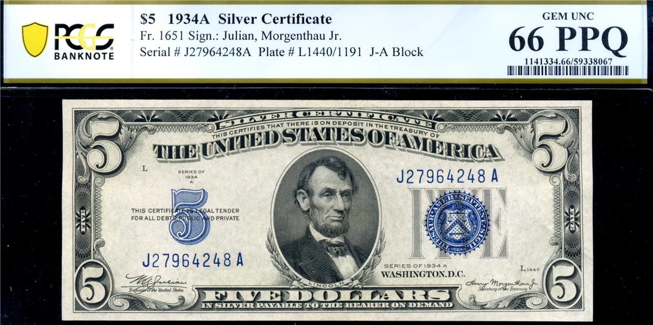 HGR FR.1651 1934A $5 Silver Cert ((Consec# Listed)) PCGS GEM UNC 66PPQ (4248)