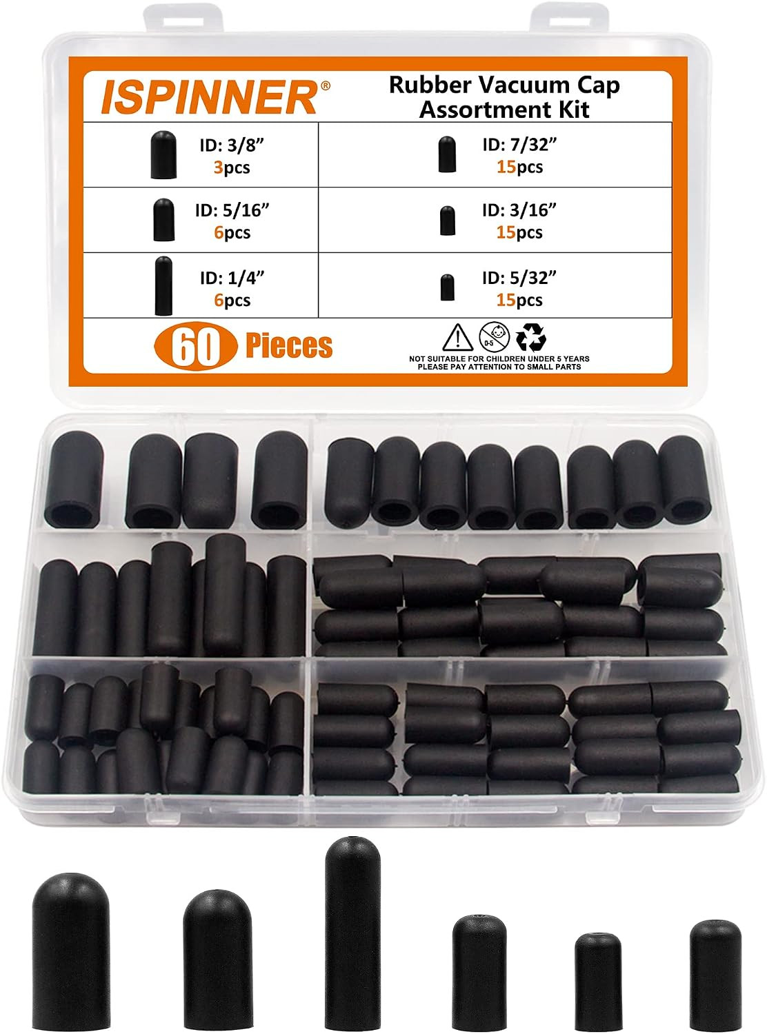60Pcs Rubber Vacuum Caps Assortment Kit 6 Sizes for Carburetor Hoses