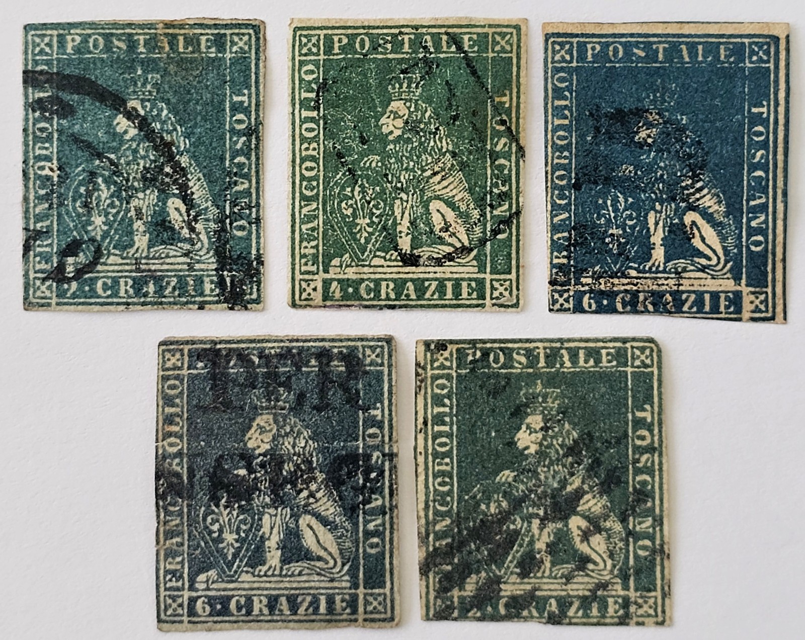 TUSCANY RARE 1852/7 Lot of 5 Mainly FU- 3x Crown Wmk, 2x Wavy Line Wmk €2,000