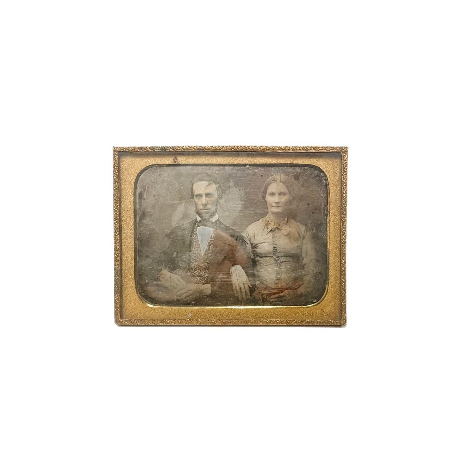 Antique 1850s Cased Daguerreotype Portrait Man & Woman Couple Brass Mat Photo