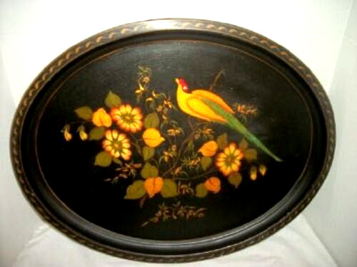 Victorian Chinoiserie Tole Tray Bird Florals HP Large Oval Slight Crackle Finish