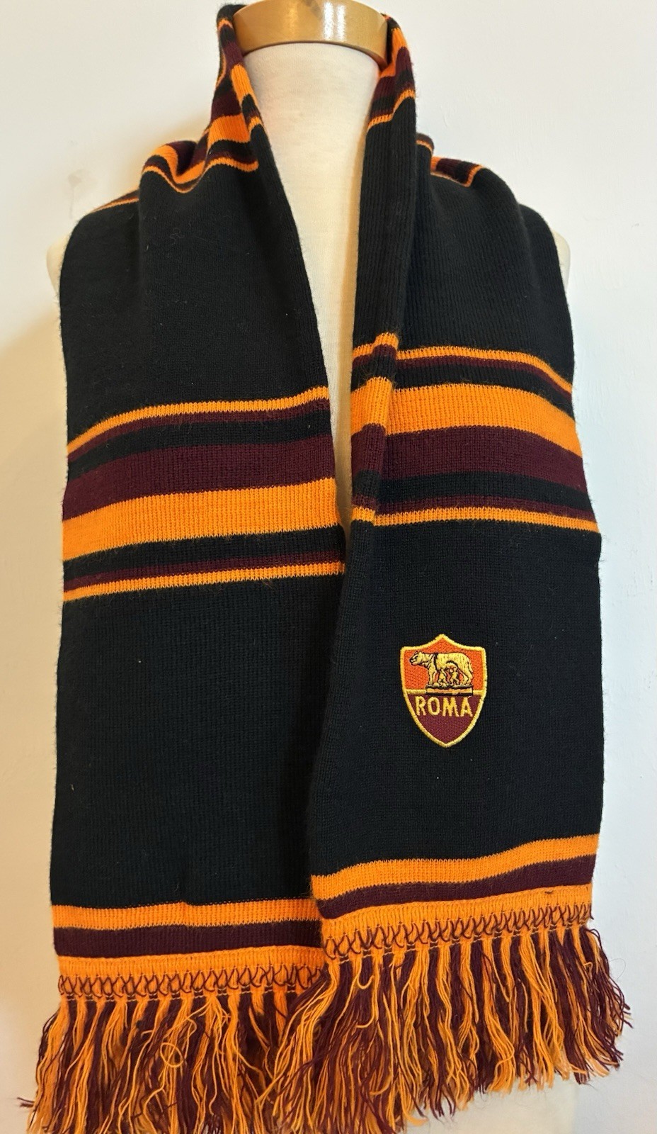 Vintage AS Roma Soccer Scarf Made in Italy Embroidered Crest Black Orange Fringe Vintage AS Roma Soccer Scarf Made in Italy Embroidered Crest Black Orange Fringe