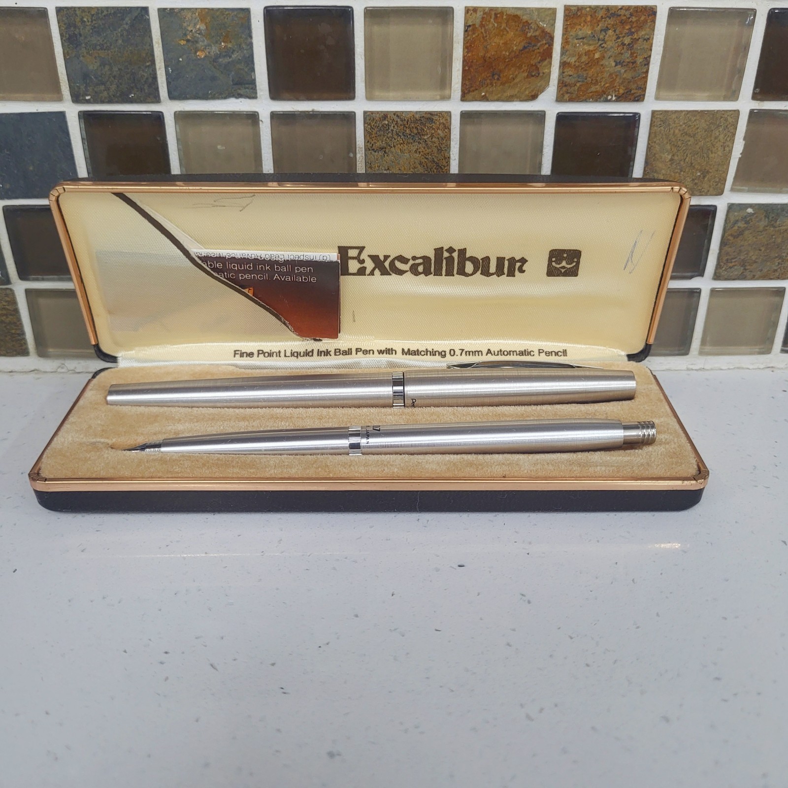 1970s Pentel Excalibur EX-12 Silver Pen Pencil Set Japan New Old Stock Case