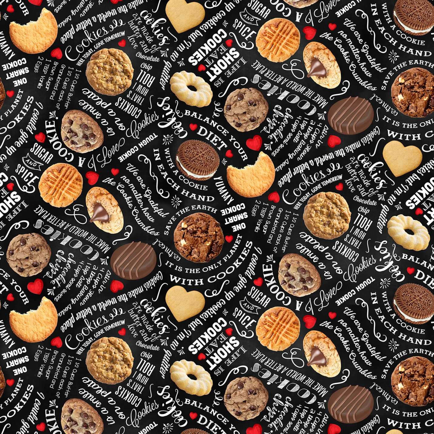 Food Fabric | Cookie & Word Toss Black | Timeless Treasures YARD