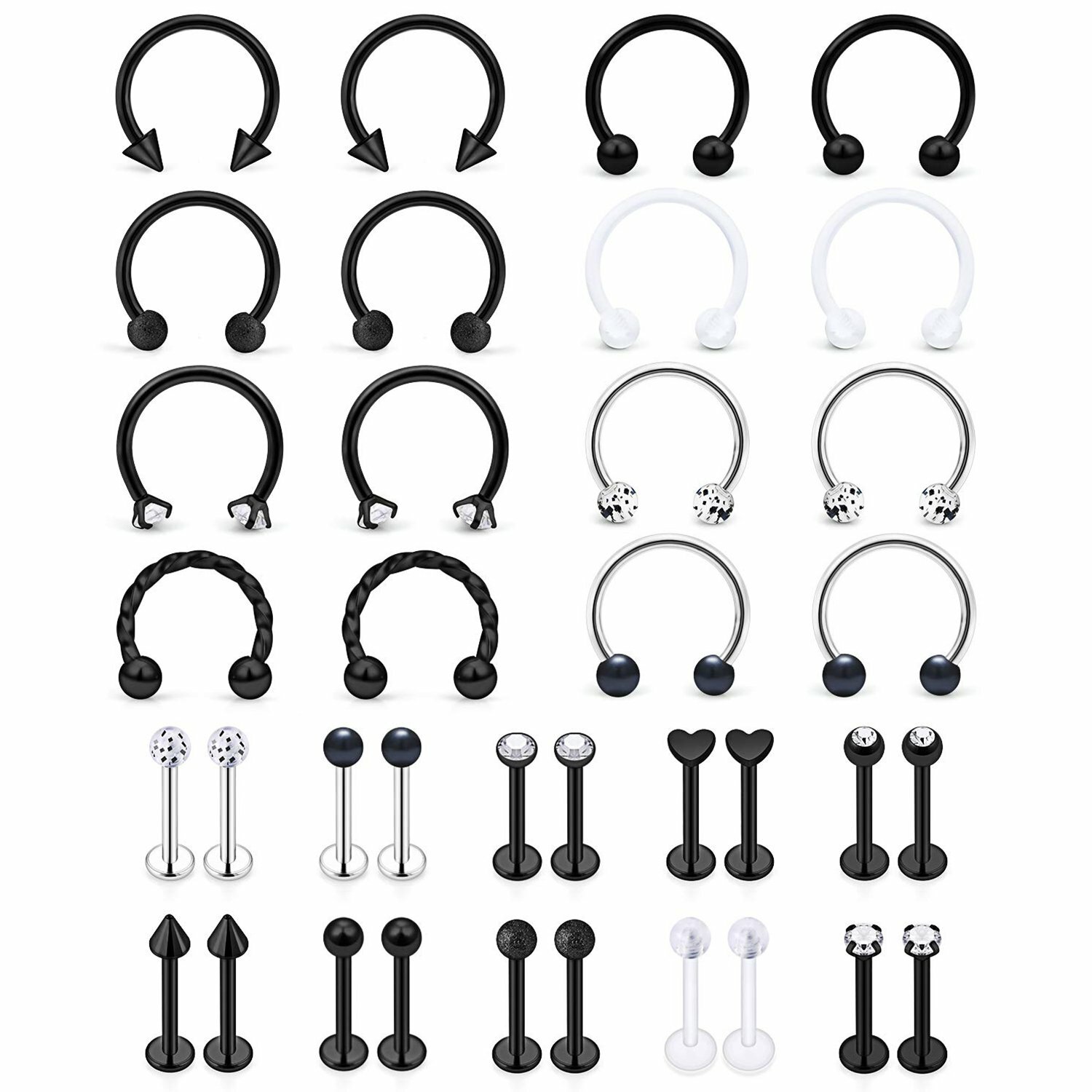 36pc Surgical Steel Horseshoe Labret Lip Rings Tragus Cartilage Helix Earrings