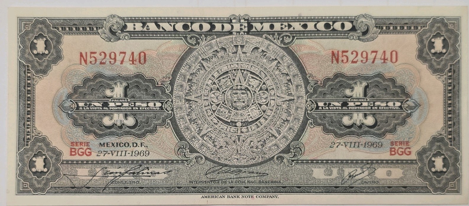 Mexico 1 Peso Banknote 1961-1970 Aztec Calendar Vintage Mexican Currency P-59