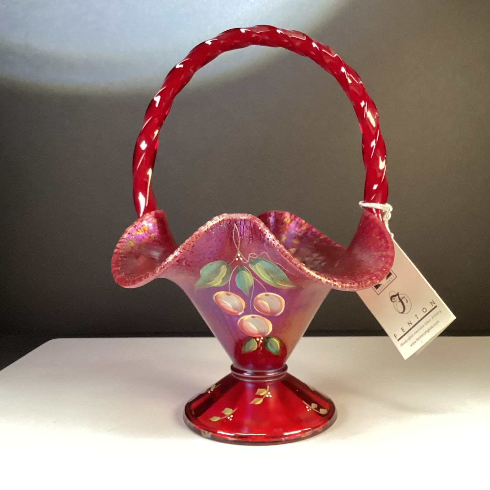 VTG Fenton Ruby Red Carnival Satin Twisted Handle Stretch Basket Cherries VTG Fenton Ruby Red Carnival Satin Twisted Handle Stretch Basket Cherries