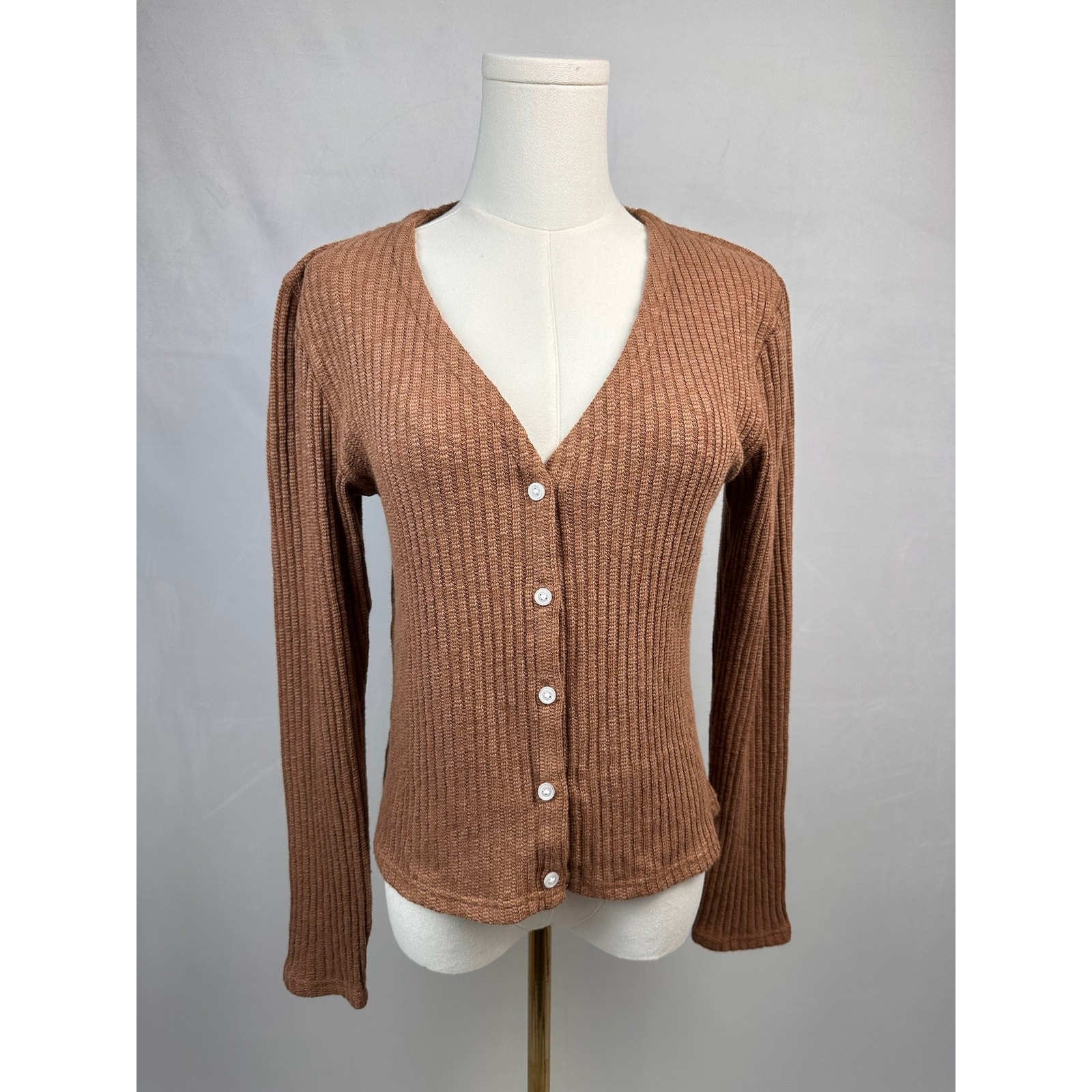 Everlane Women’s M Brown Ribbed Button Front V Neck Cardigan Organic Cotton