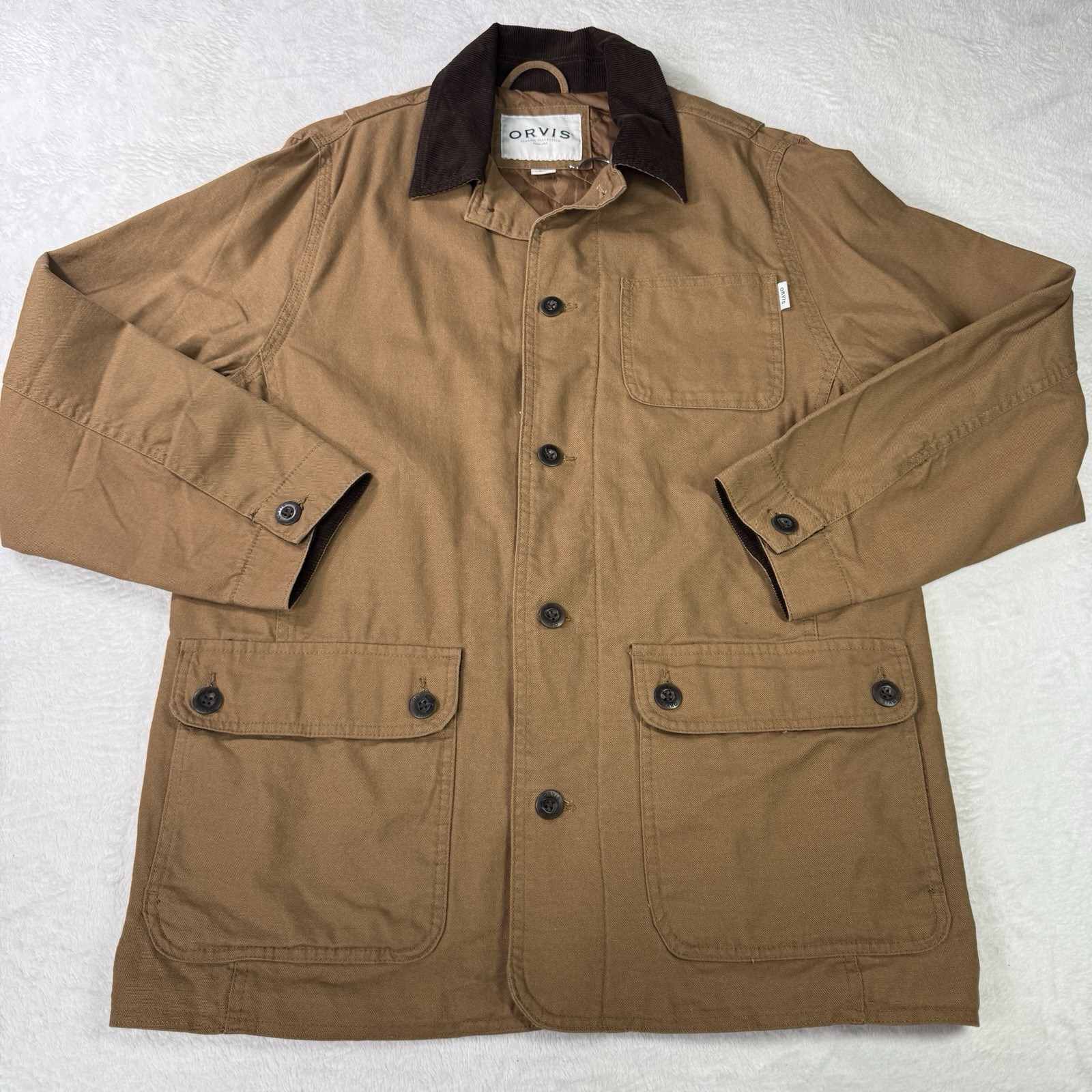 Orvis Chore Barn Coat Jacket Mens Medium Brown Canvas Corduroy Collar Quilted