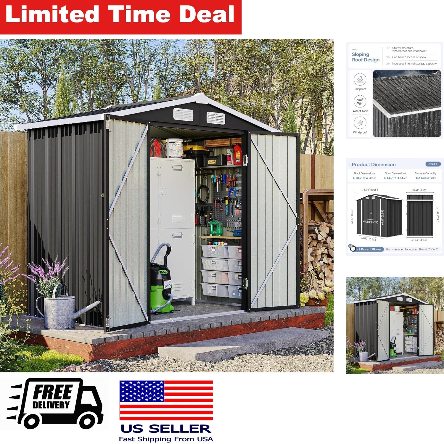 Outdoor Storage Shed 6x4FT Weatherproof Black Steel Robust Design