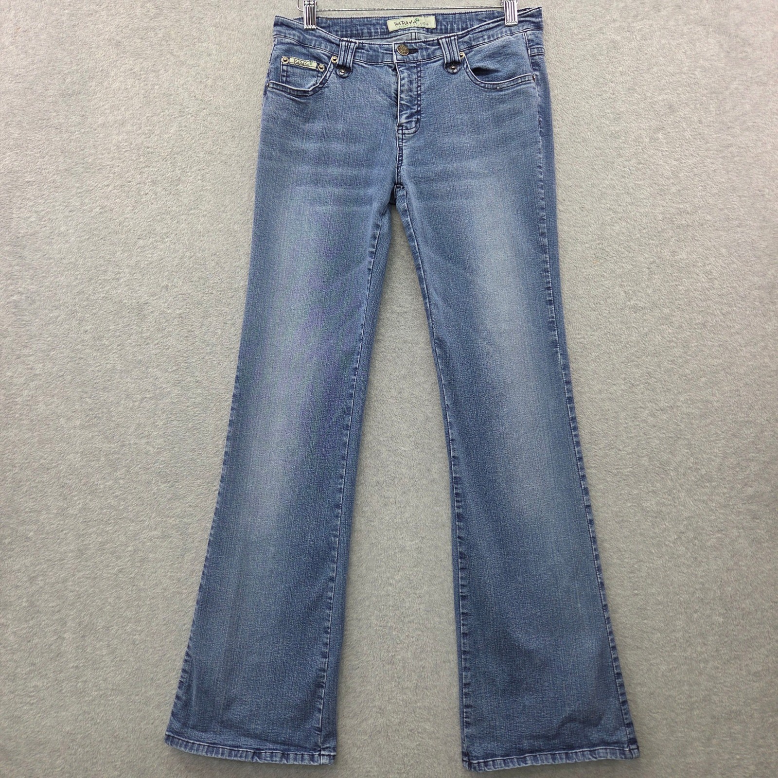 Y2K McBling PAPAYA Low Rise STRETCH Flare Jeans WHISKERING Women 9 DISTRESSED