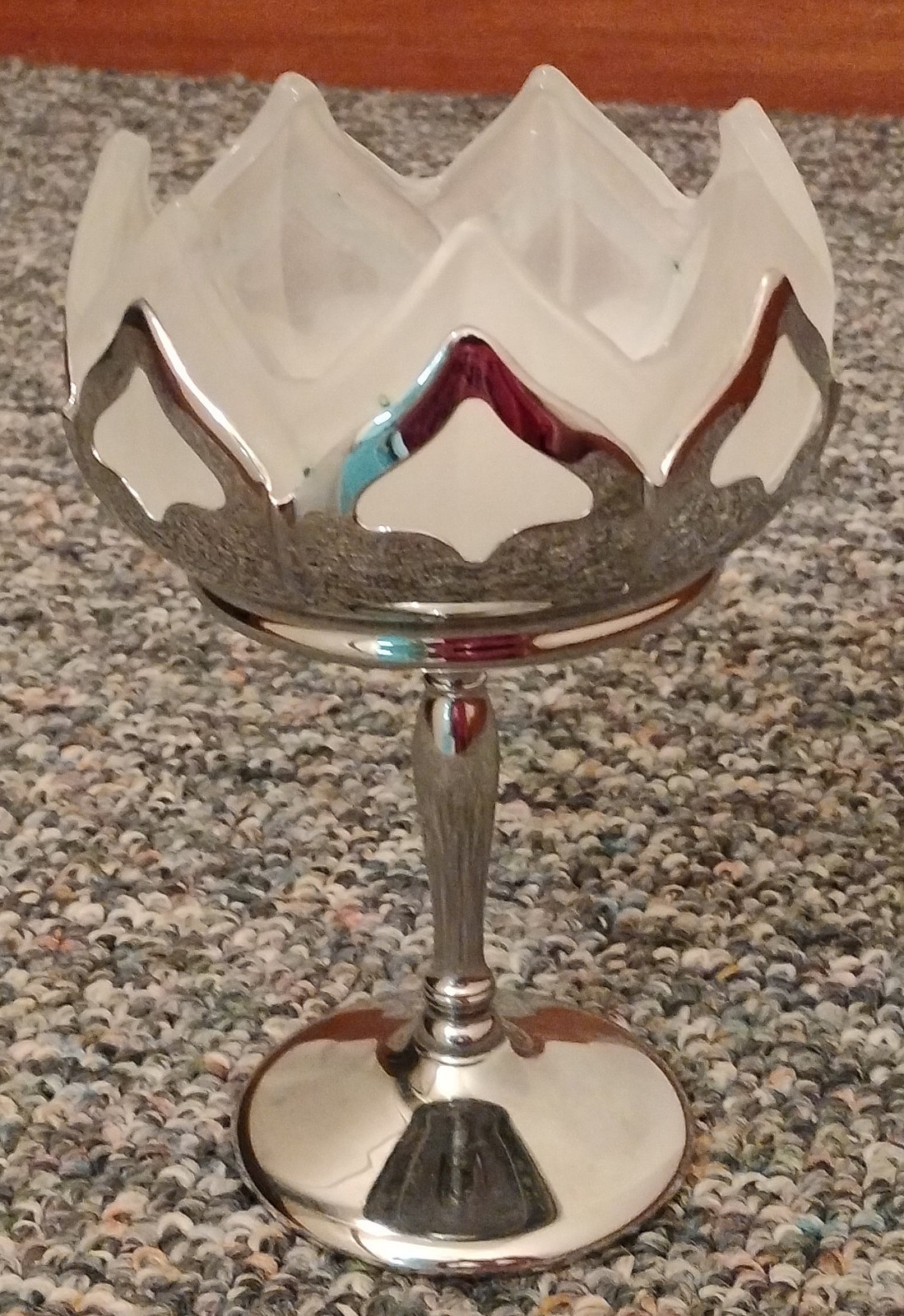 Vintage Farber Brothers Krome Kraft Frosted Glass Lotus Flower Pedestal Compote Vintage Farber Brothers Krome Kraft Frosted Glass Lotus Flower Pedestal Compote
