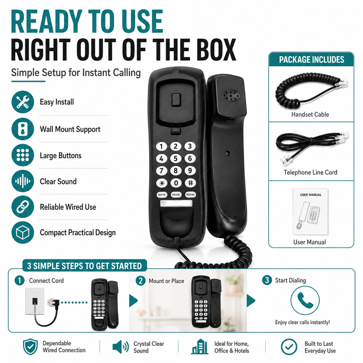 Black Wired Landline Telephone Corded Phone Desk Wall Mountable Home Office Use