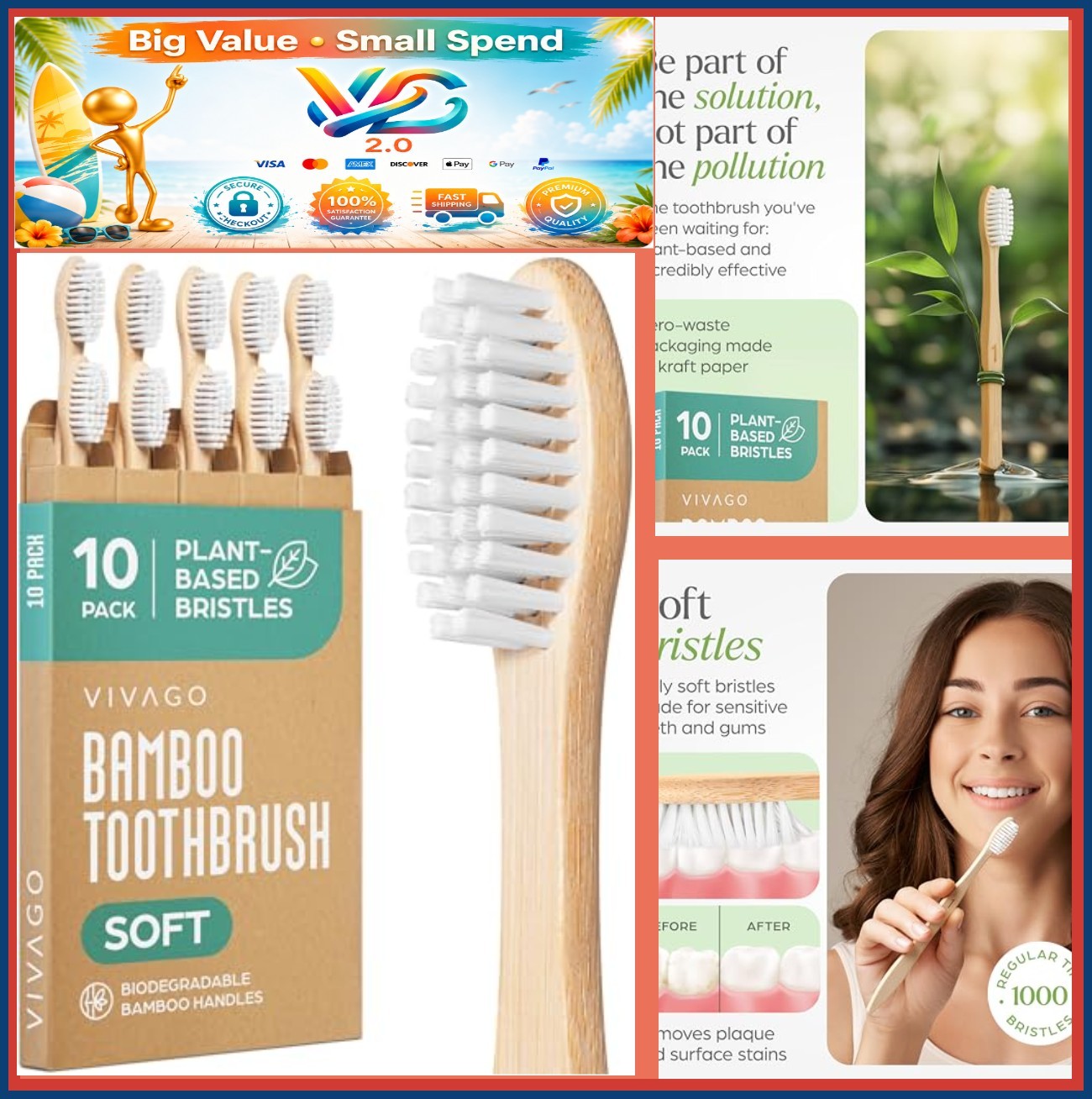 NEW Bamboo Toothbrushes 10 Pack Plant-Based Soft Bristles Eco Friendly Manual