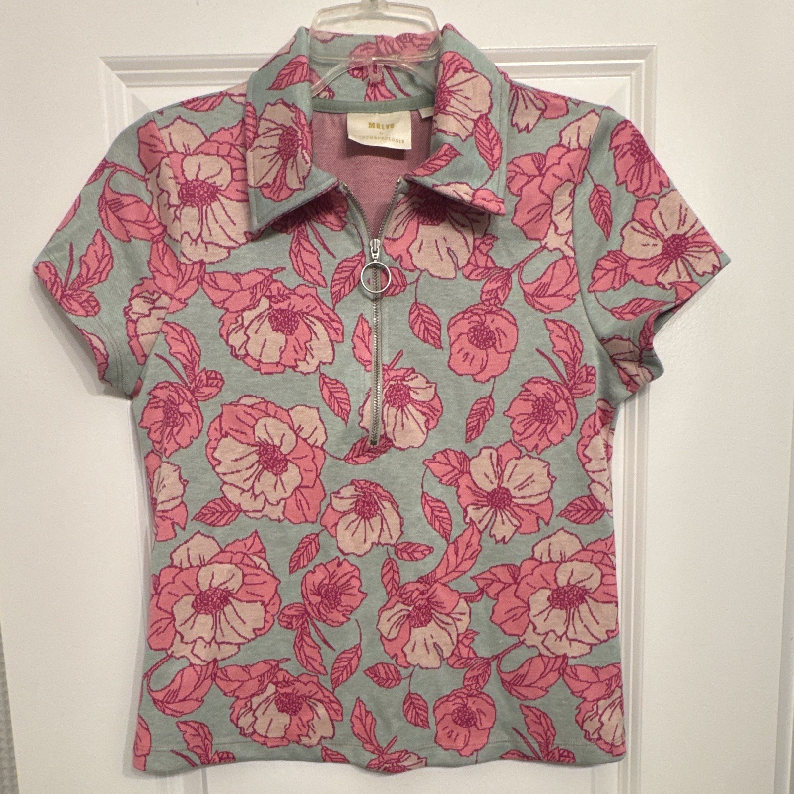 Anthropologie Maeve Floral Jacquard Zip Polo Top Short Sleeve Mint Pink Size M Anthropologie Maeve Floral Jacquard Zip Polo Top Short Sleeve Mint Pink Size M