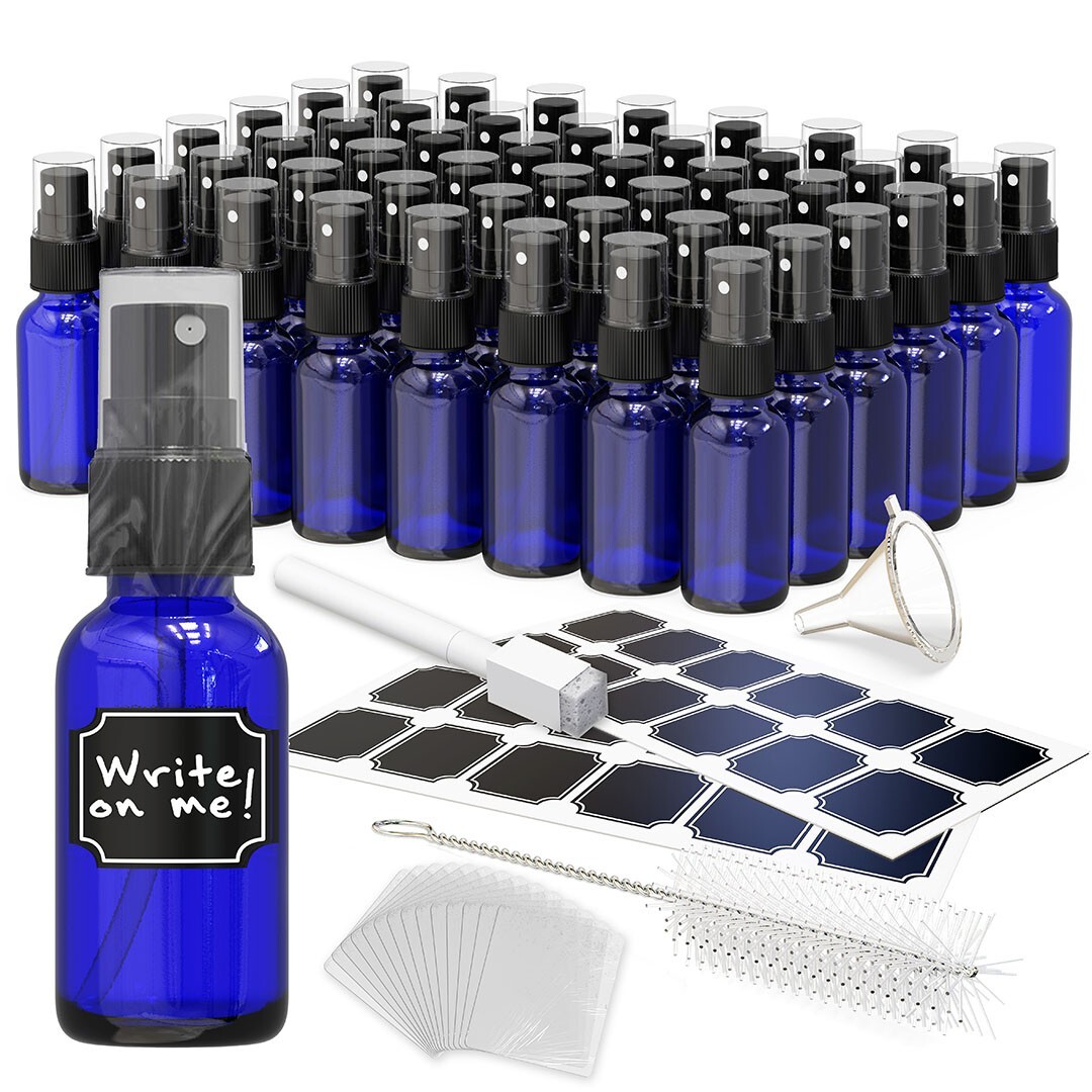 Nevlers 48 Pack Blue 1 Oz Spray Glass Bottle Set With Funnel, Brush Nevlers 48 Pack Blue 1 Oz Spray Glass Bottle Set With Funnel, Brush