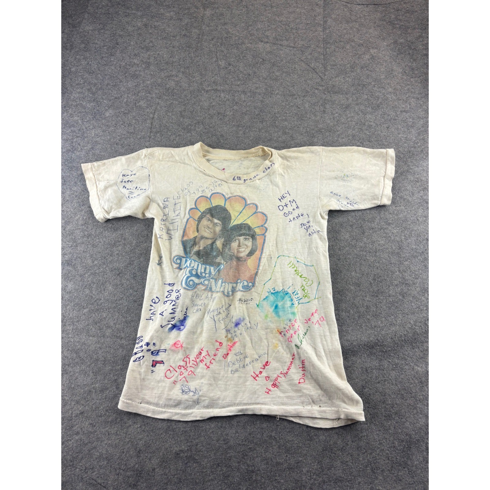 VTG 1979 Donny & Marie Osmond Autograph T-Shirt 6th Grade Class SingleStitch