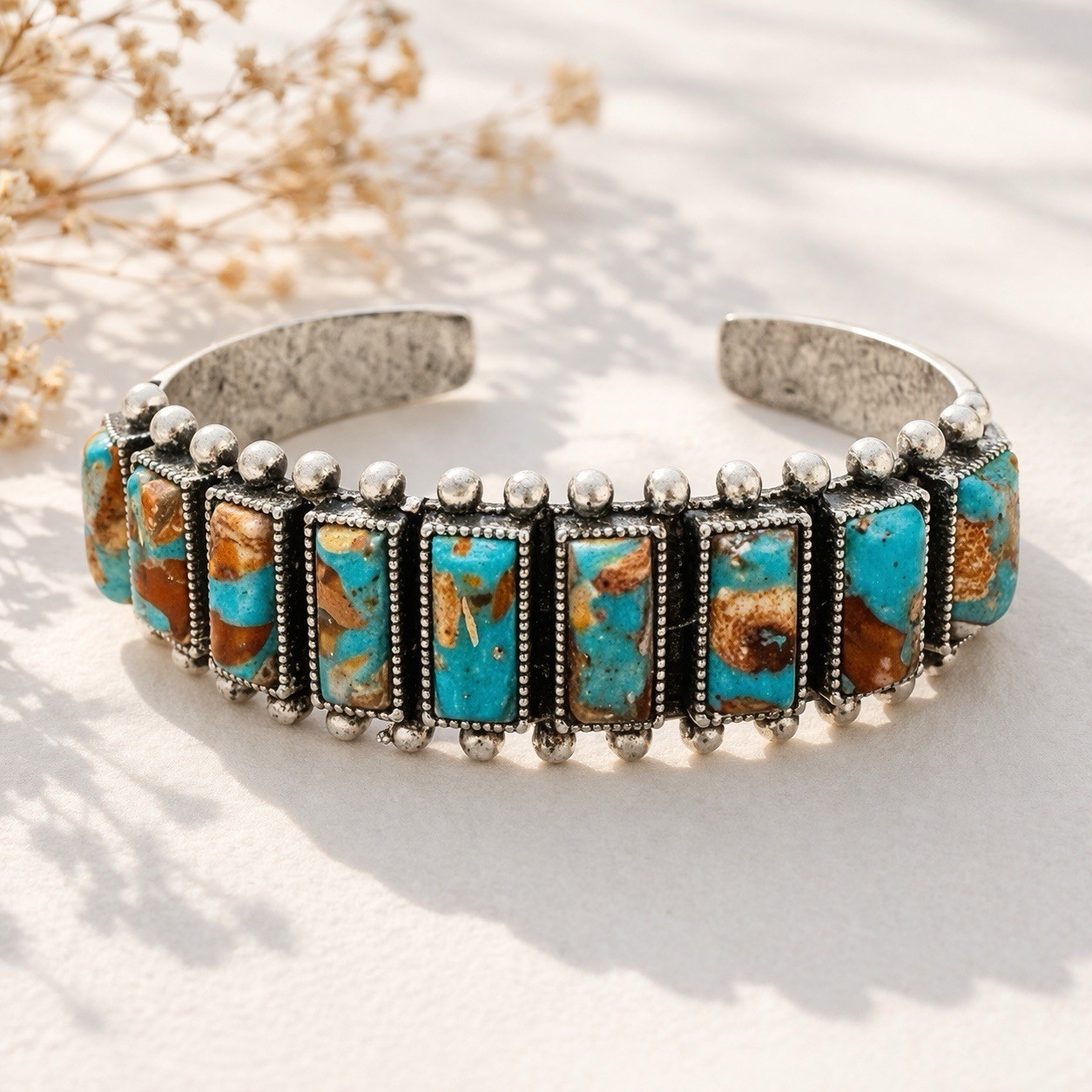 Turquoise Cuff Bracelet Silver Tone Native American Style Rectangle Turquoise Cuff Bracelet Silver Tone Native American Style Rectangle