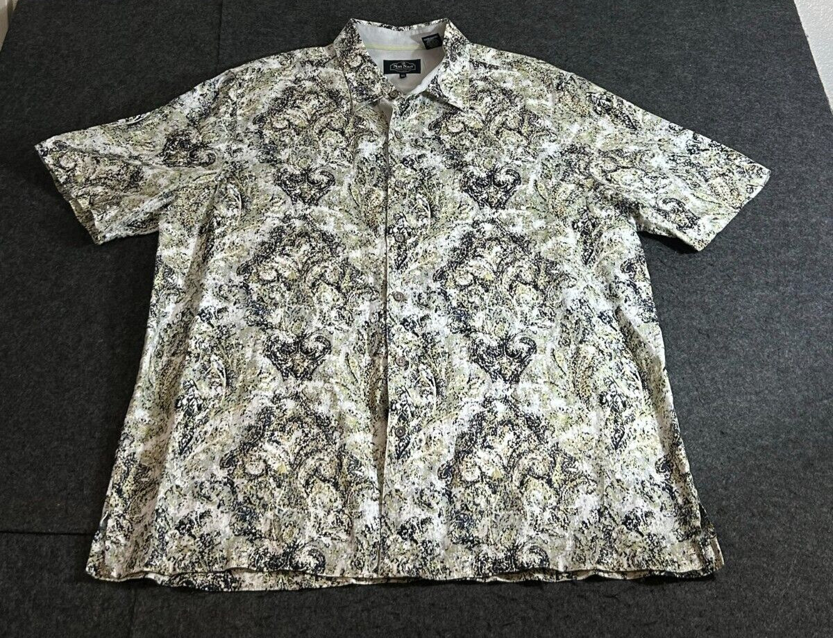Nat Nast Men\'s Size XL Abstract Fleur de Lis 100% Linen Short Sleeve Shirt