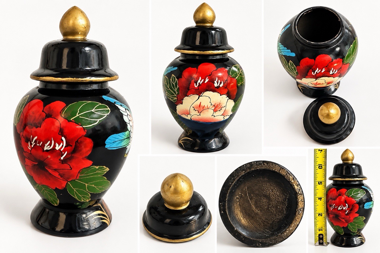 Vintage Hand Painted Black Ginger Jar Flowers Bird Gold Trim Lidded Urn 7”
