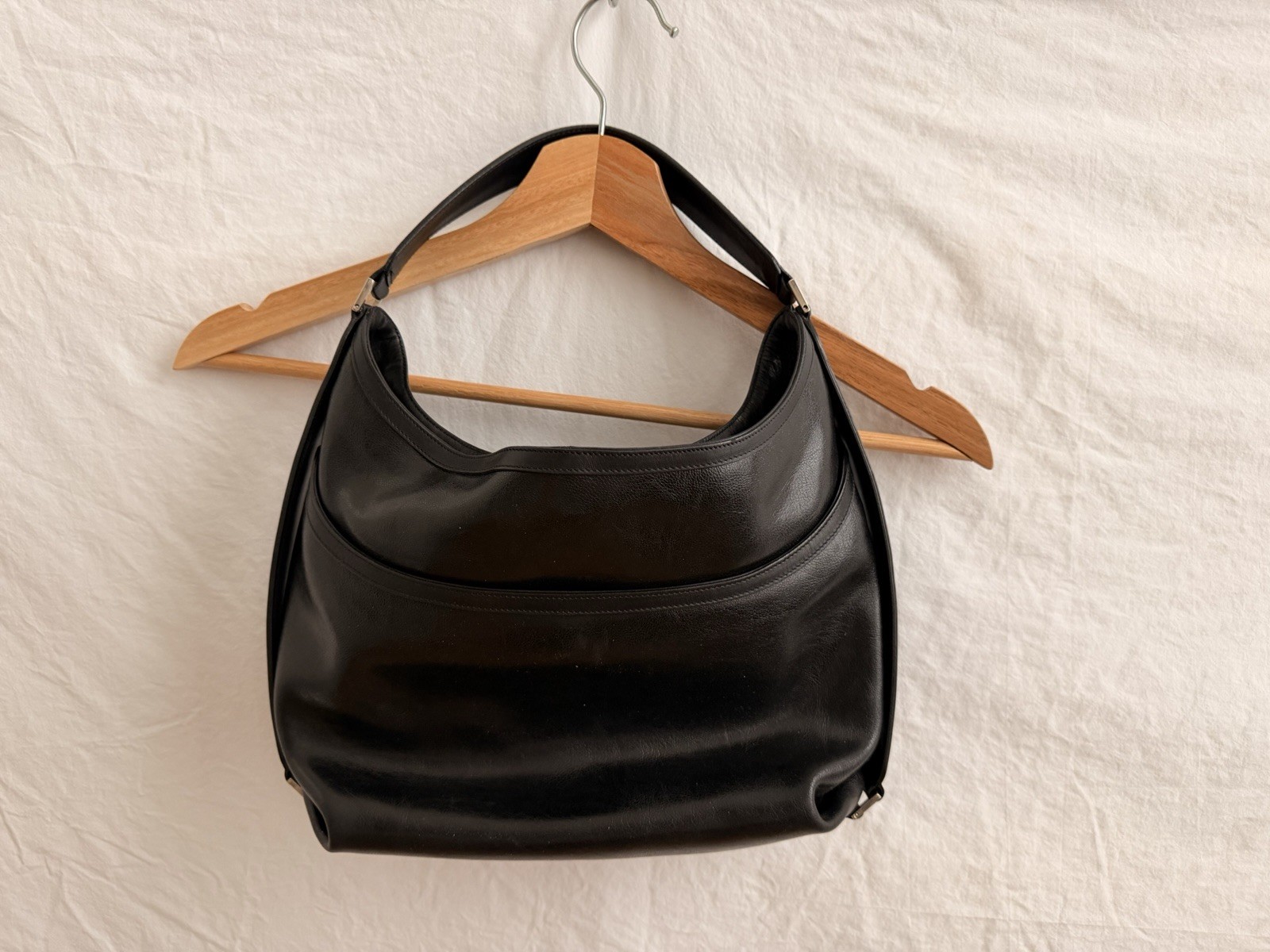 Versace Black Shoulder Bag Crescent Pink Lining Silver Hardware Inner Pockets Versace Black Shoulder Bag Crescent Pink Lining Silver Hardware Inner Pockets