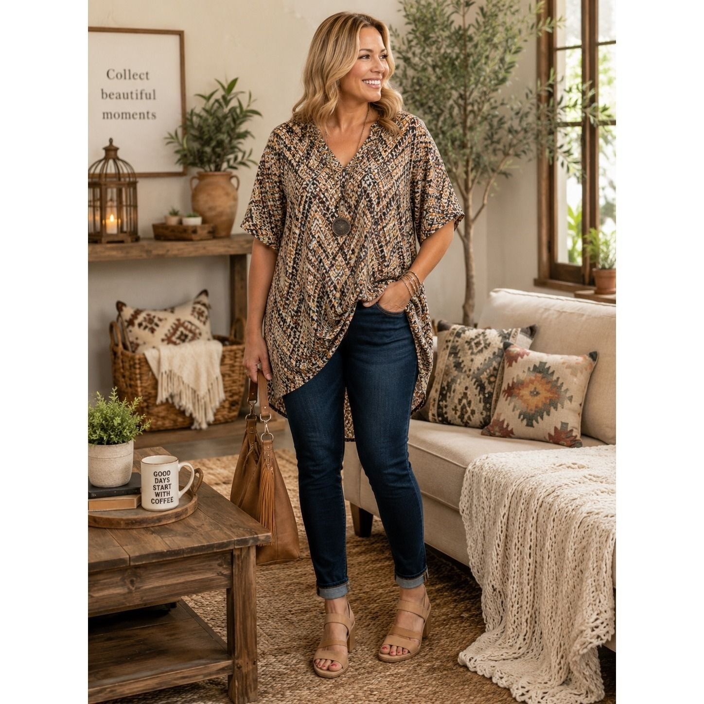 Catherines Est 1946, Plus Size 26/28W Geometric Chevron Split Neck Blouse
