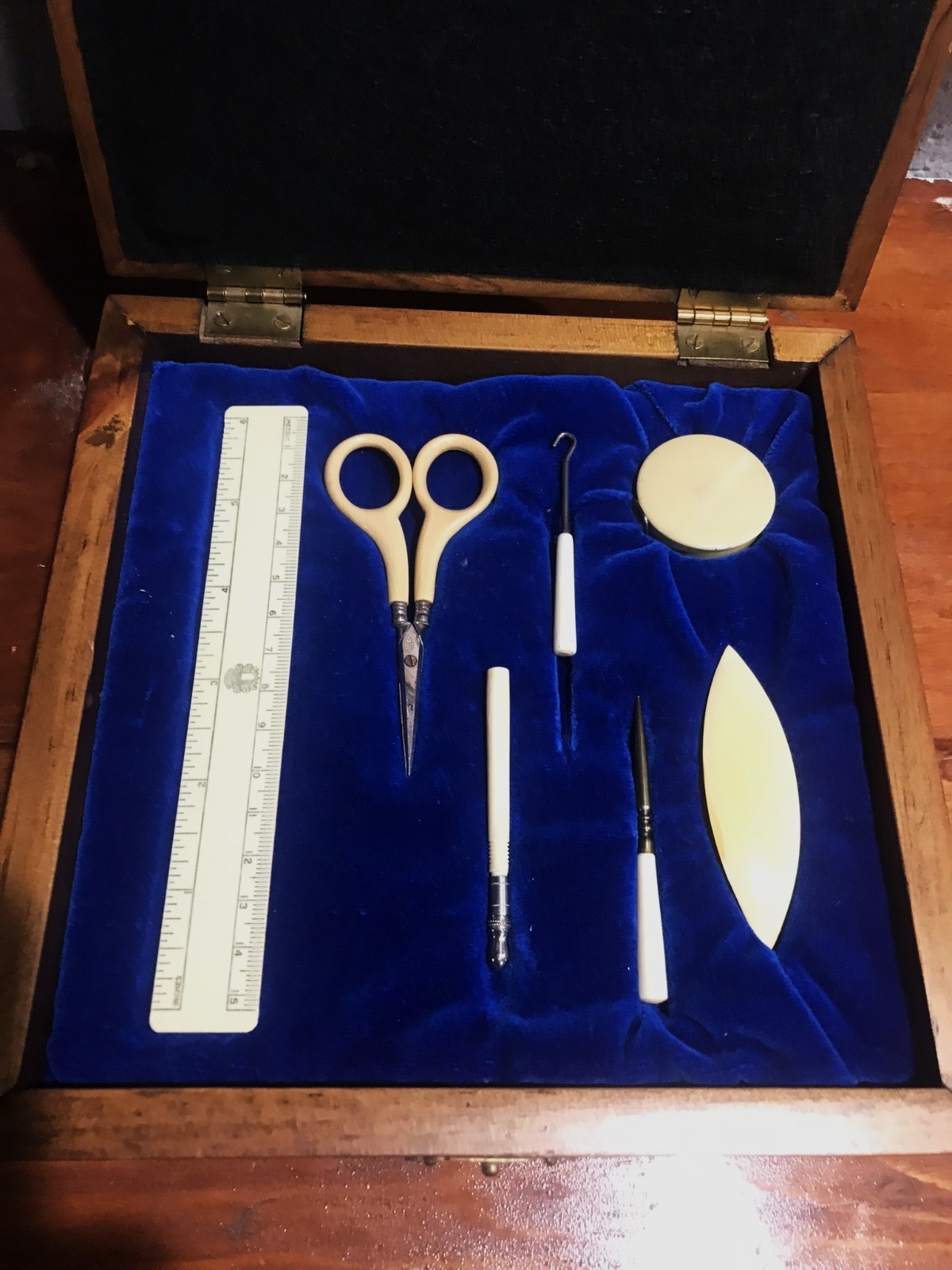 Antique French Ivory Sewing Kit Wood Box w/ Cross Stitch - A+ Condition Antique French Ivory Sewing Kit Wood Box w/ Cross Stitch - A+ Condition