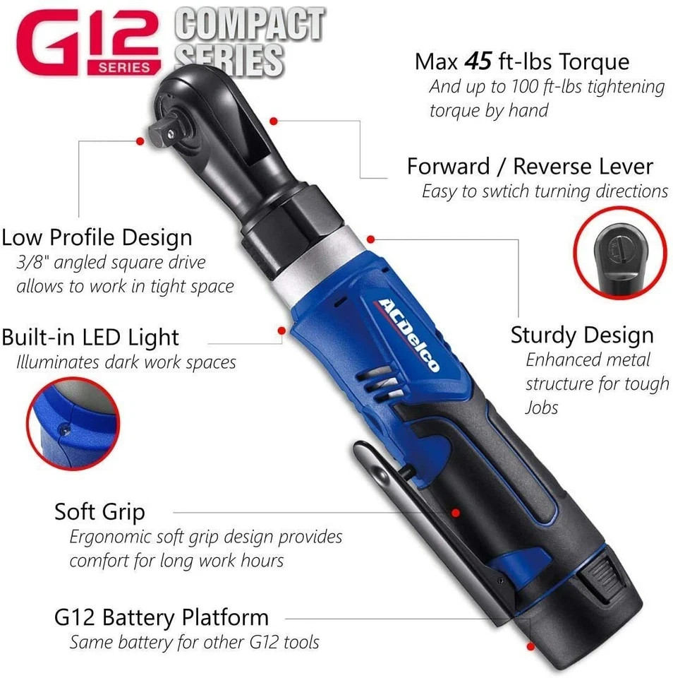 ACDelco ARW1209-P2 G12 Series 12V Li-ion Cordless 3/8” 45 ft-lbs. Ratchet Wrench ACDelco ARW1209-P2 G12 Series 12V Li-ion Cordless 3/8” 45 ft-lbs. Ratchet Wrench