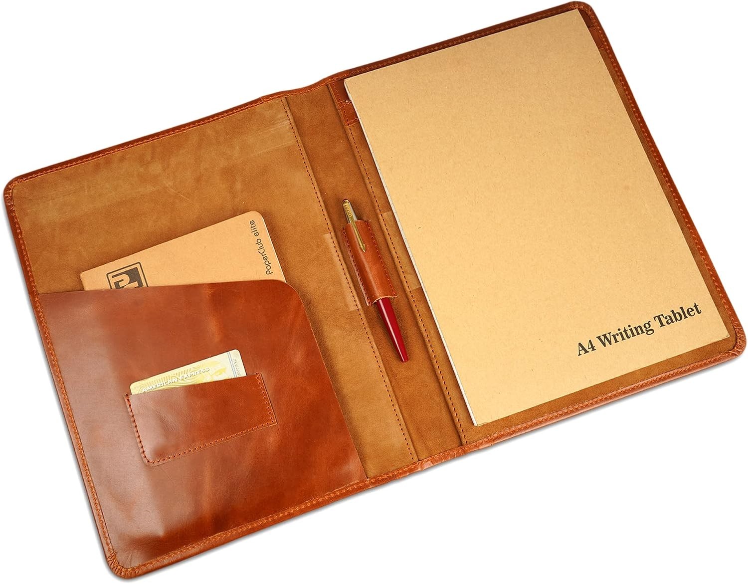 Leather A4 Portfolio Folder with Clipboard Sleeve - Cognac Brown