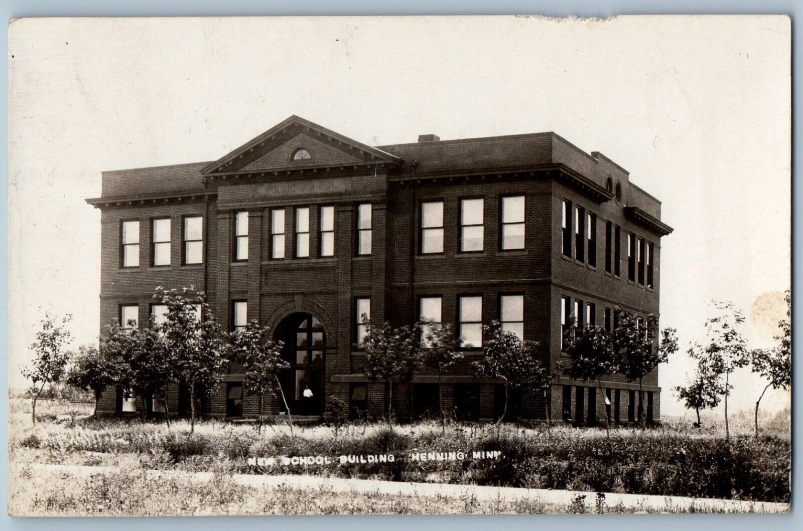 Henning Minnesota MN Postcard RPPC Photo New High School Campus Building c1910\'s