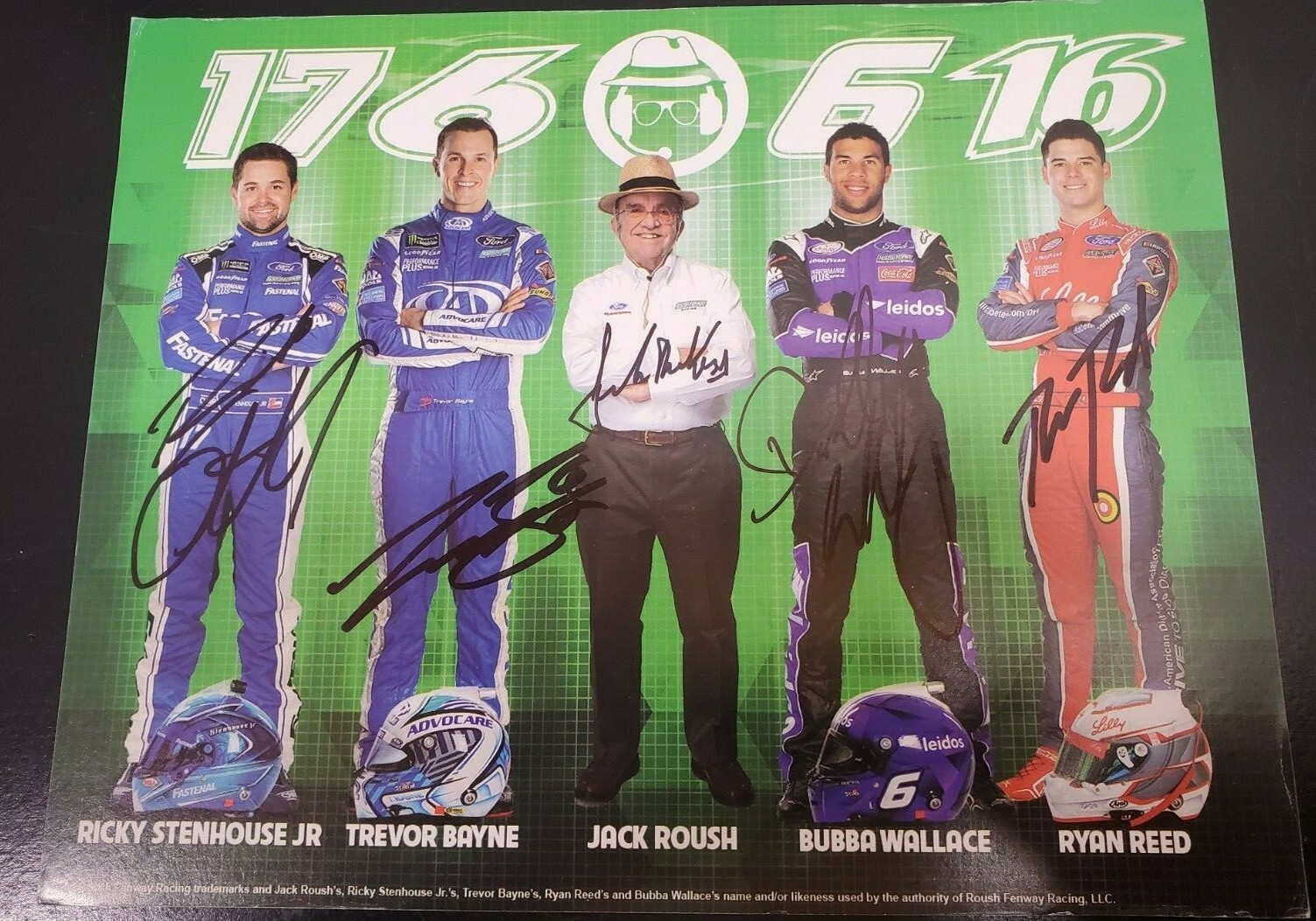 Roush Racing Card hand signed Ricky Stenhouse Jr, Trevor Bayne, Jack Roush, Bubb