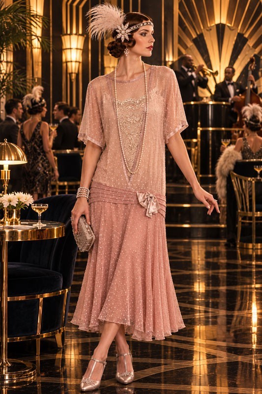  1920\'s Salmon Flocked Dress Pearl Buttons back, hand designed/sewn