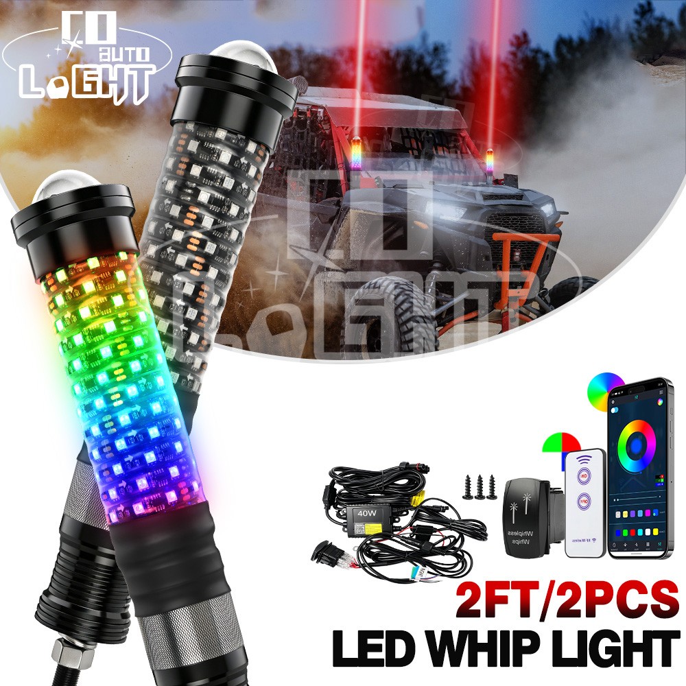Upgraded Pair 1FT RGB Laser Led Whip Lights Bluetooth APP For UTV ATV Can-Am SXS