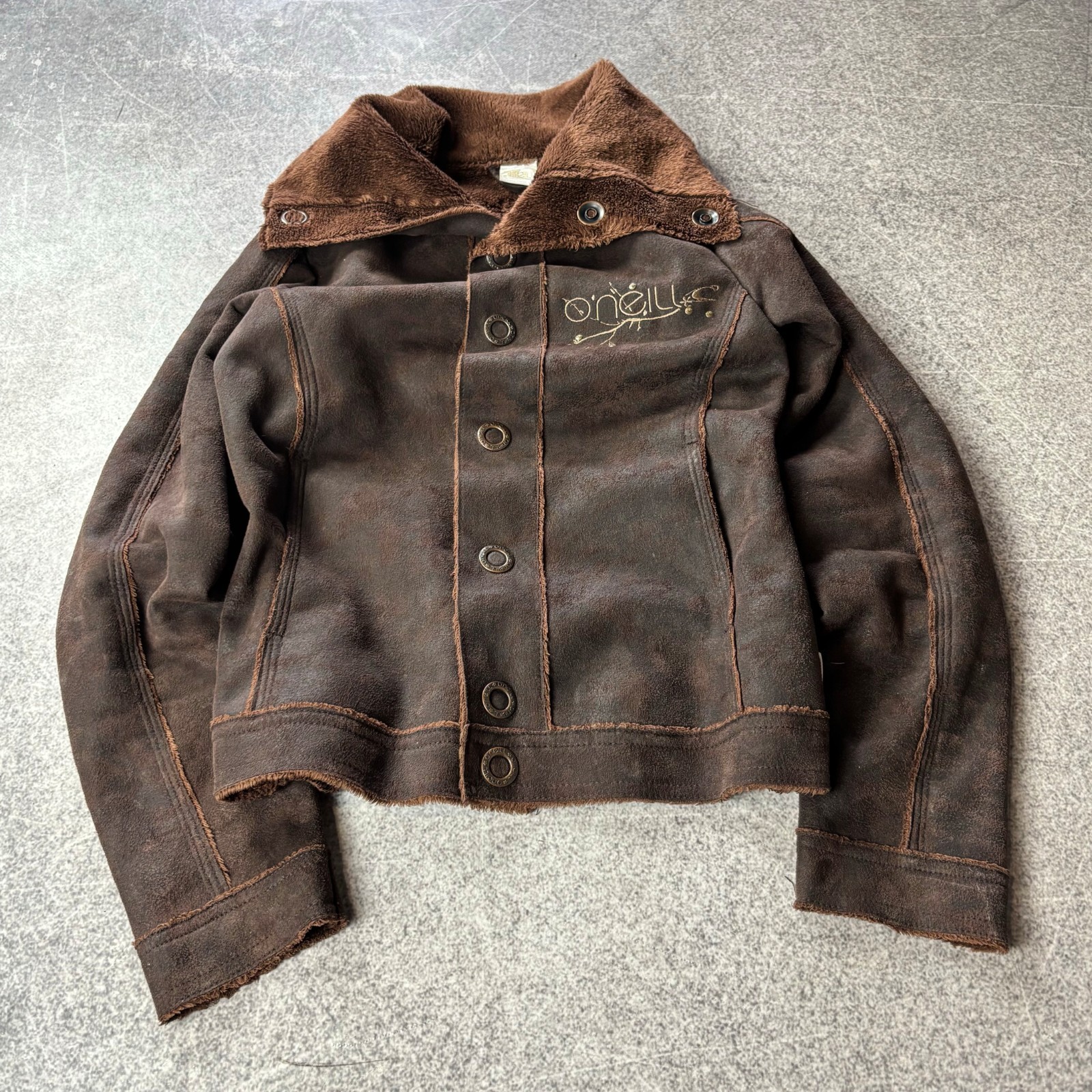 Vintage O’Neill Brown Faux Shearling Jacket High Collar Distressed Y2K Grunge Vintage O’Neill Brown Faux Shearling Jacket High Collar Distressed Y2K Grunge