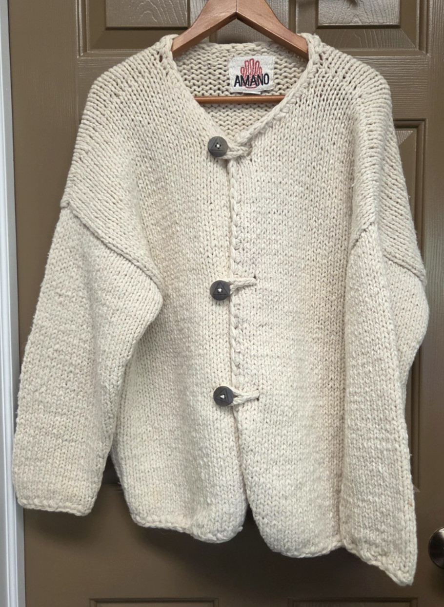 Vintage Amano 100% Wool Ivory Chunky Cardigan Bolivia Rare Toggle Button 2XL