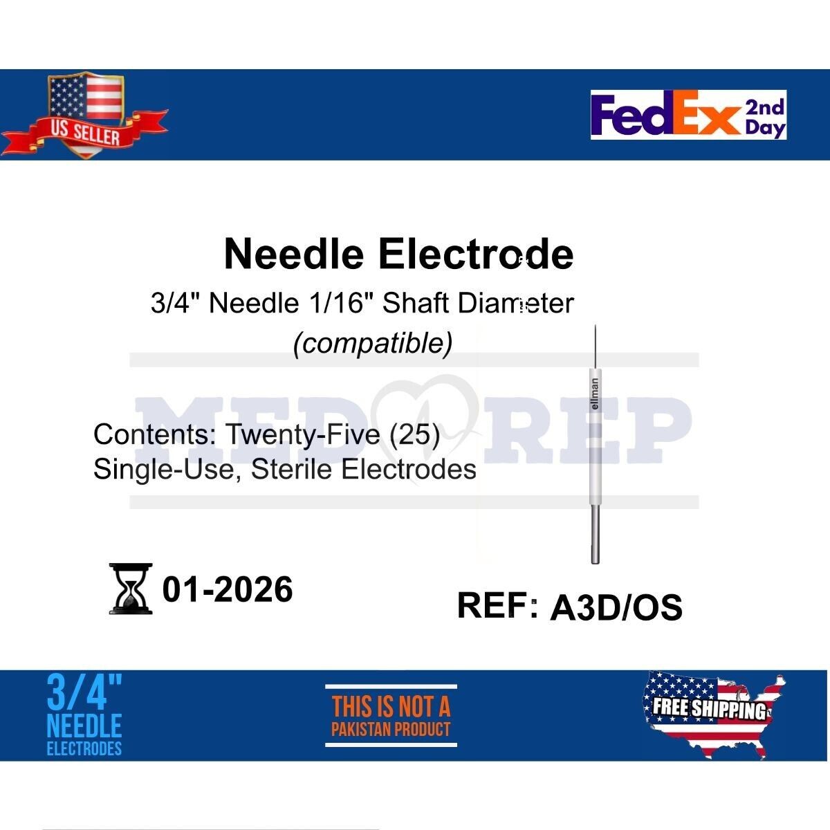 Ellman A3D/OS- Needle Electrode -Twenty-Five (25) Single-Use Disposable