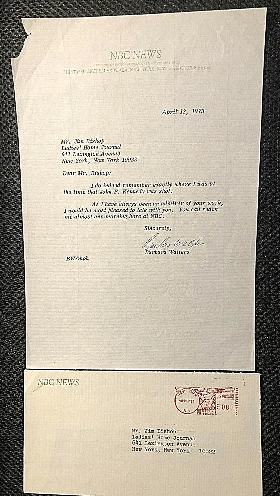 JOHN F. KENNEDY CONTENT BARBARA WALTERS SIGNED 1973 LETTER TO AUTHOR JIM BISHOP