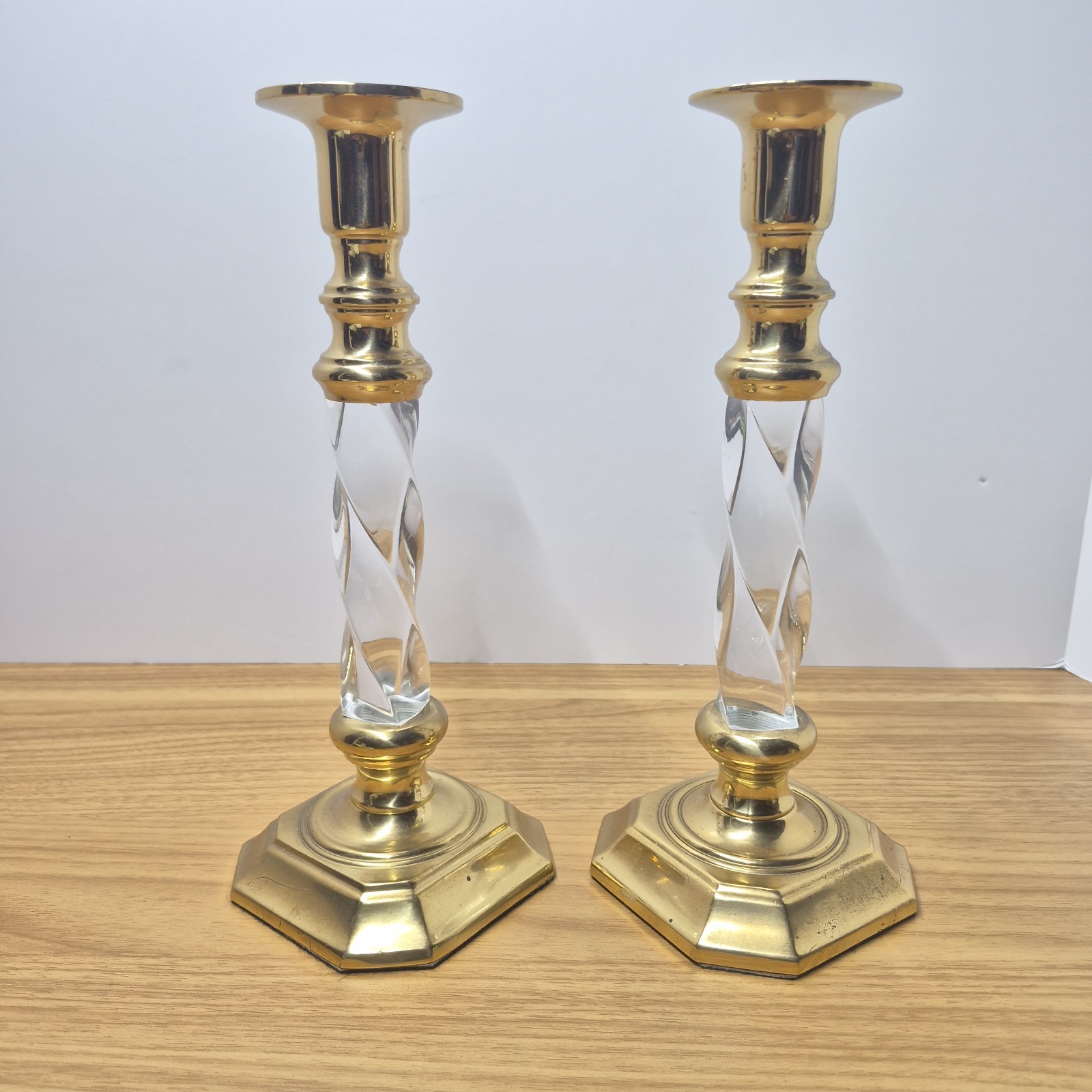 Vtg Lucite Brass Candlestick Holders Pair Twisted Octagon Base Hollywood Regency Vtg Lucite Brass Candlestick Holders Pair Twisted Octagon Base Hollywood Regency