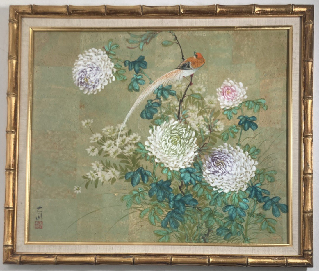 Vintage Original Oil Painting Old Fine Avian Still Life Chrysanthemums Signed