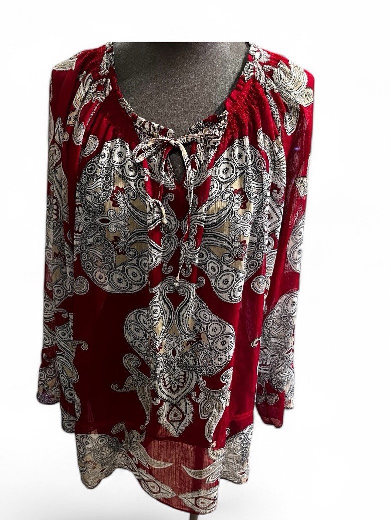Chico\'s Women\'s V-Neck Long Sleeve 3 (L-XL) Sheer Paisley Red Light Weight Chico\'s Women\'s V-Neck Long Sleeve 3 (L-XL) Sheer Paisley Red Light Weight