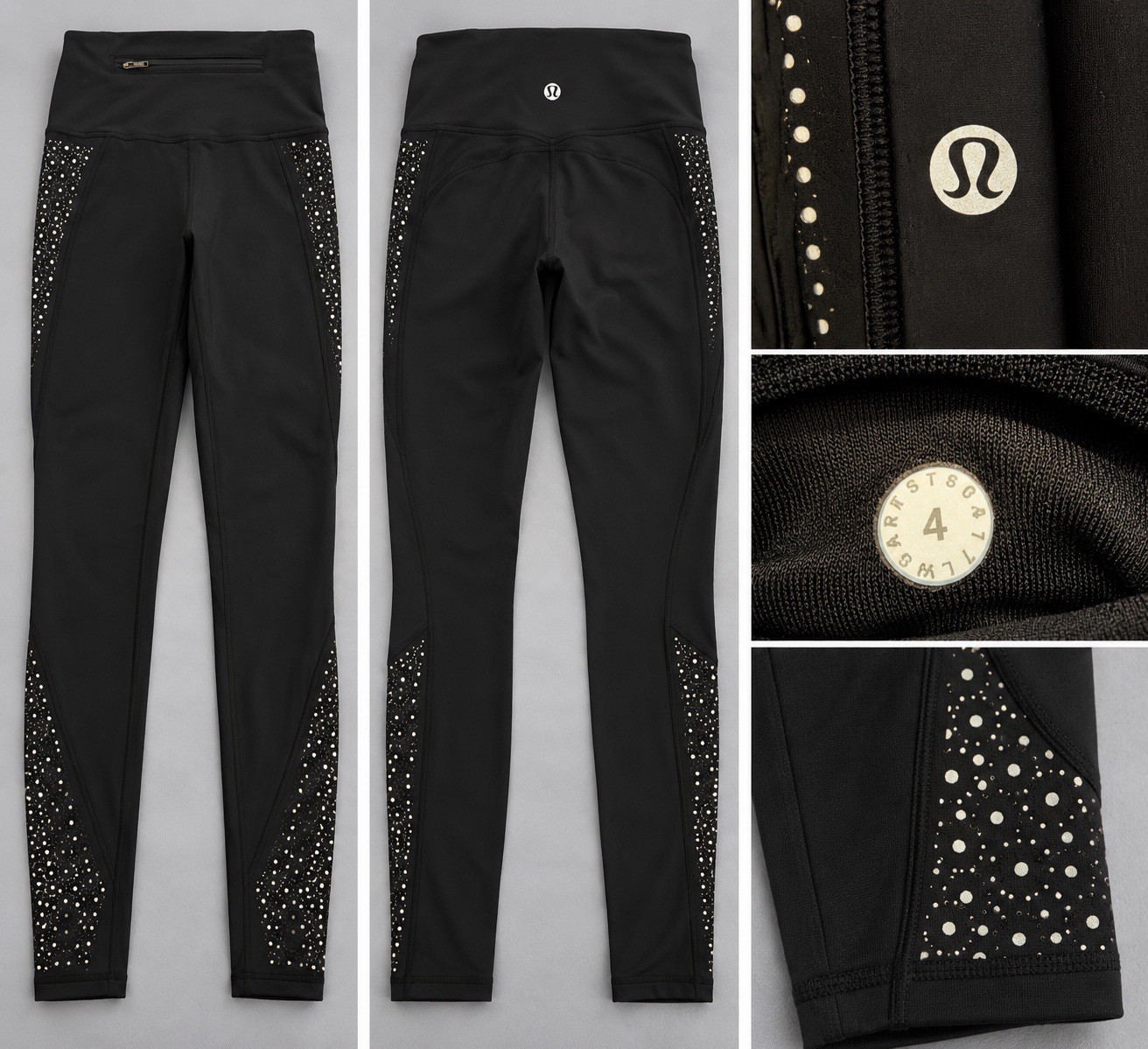 Lululemon Women’s Size 4 Black Reflective Dot Leggings Zip Pocket J1 Lululemon Women’s Size 4 Black Reflective Dot Leggings Zip Pocket J1