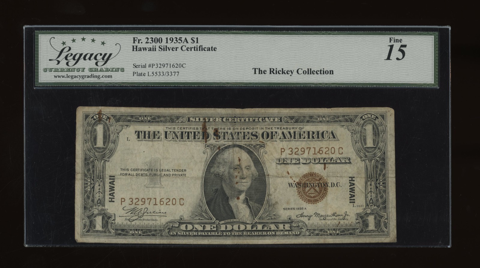DBR 1935-A $1 Silver Hawaii PC Block Fr. 2300 Legacy 15 Serial P32971620C