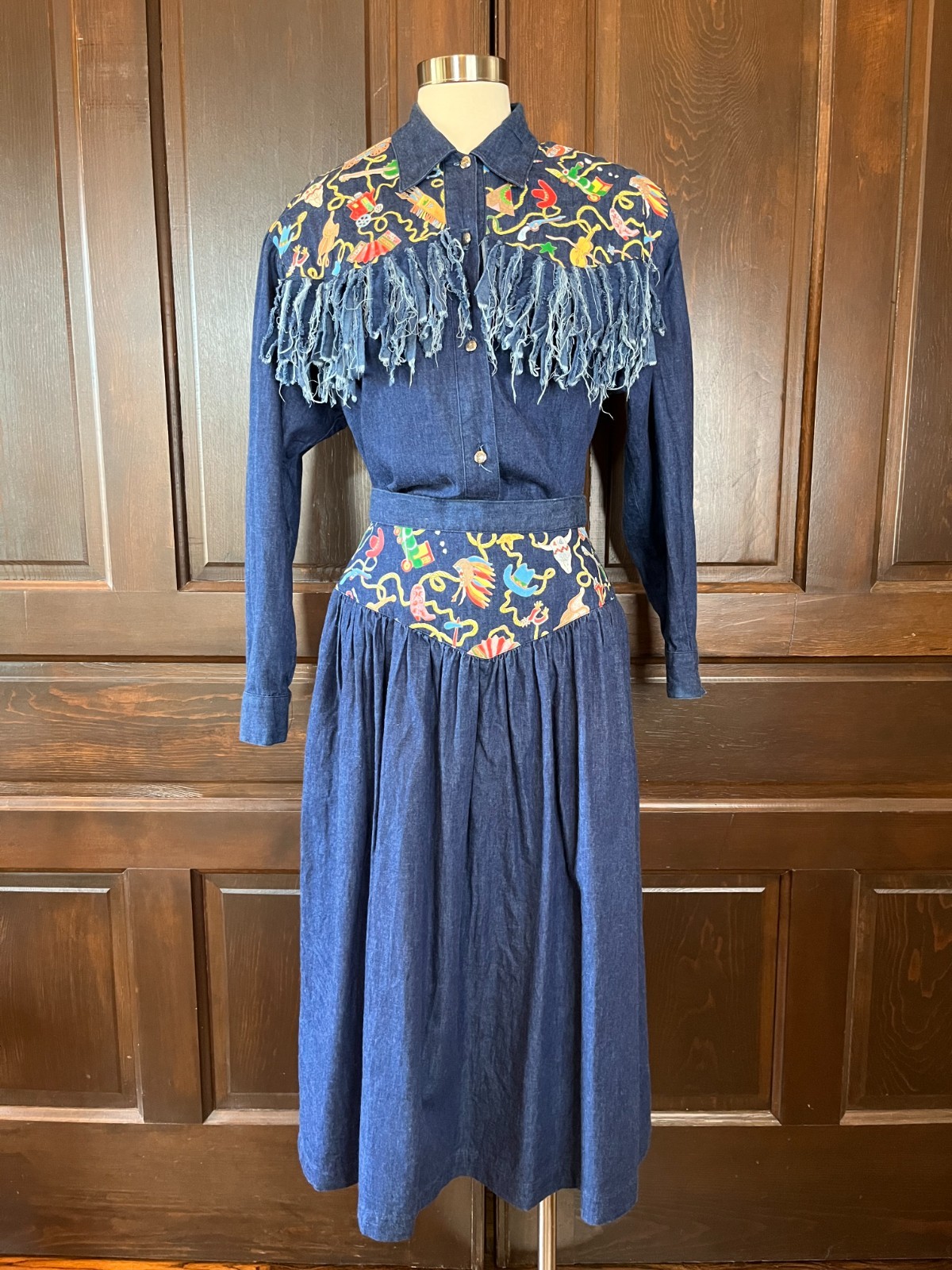 Carolyn Rothwell Denim Skirt Set Vintage Western Yoke Fringe Women\'s Size 8 USA Carolyn Rothwell Denim Skirt Set Vintage Western Yoke Fringe Women\'s Size 8 USA