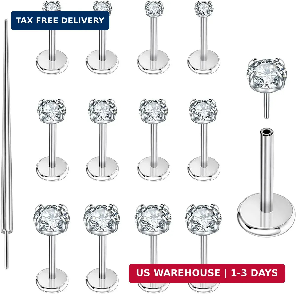 13 Pcs 20G/18G/16G Flat Back Earring Surgical Steel Lip Tragus Nose Piercing