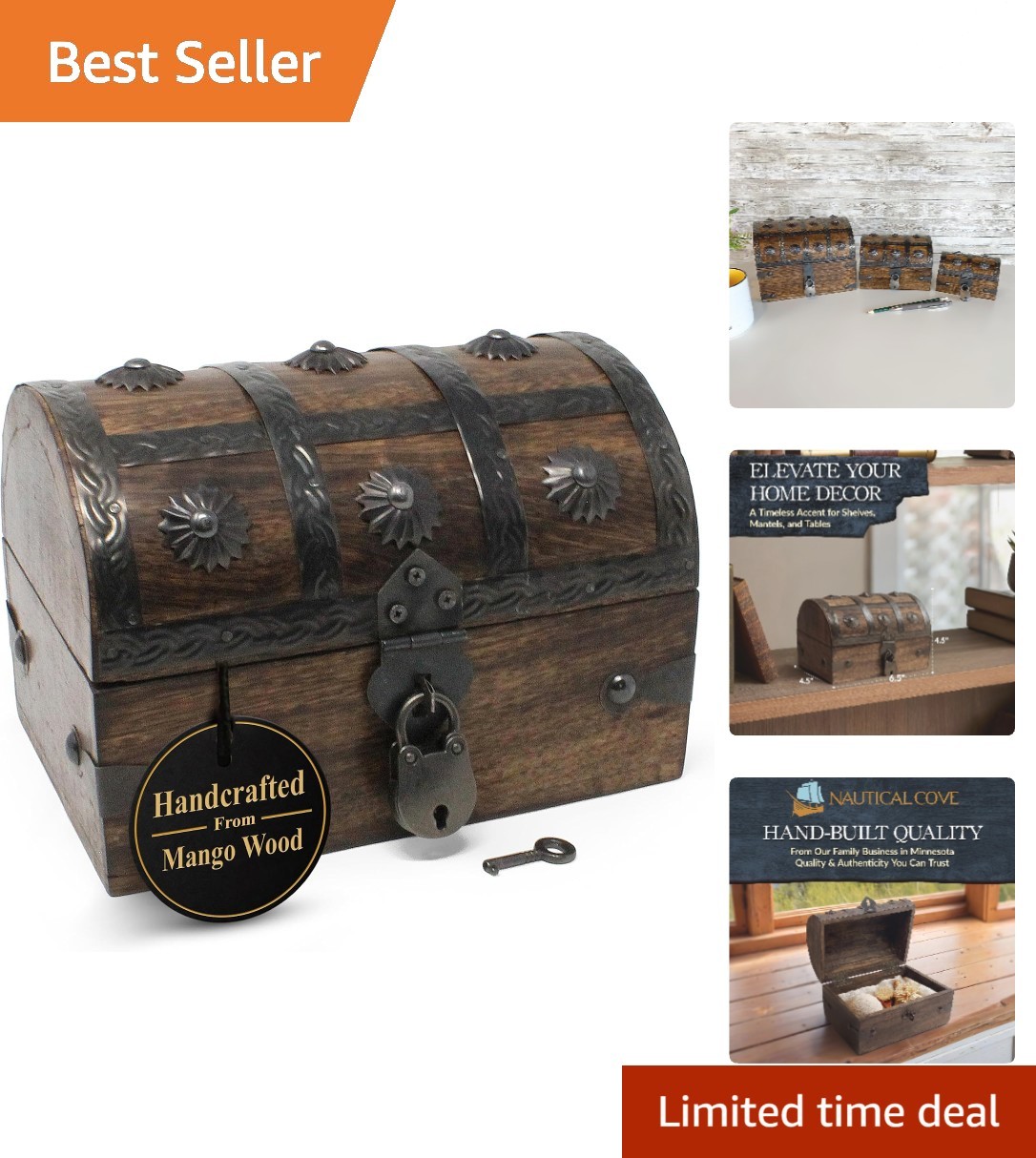 Unique Handmade Wooden Pirate Chest - X-Small Lock Box for Treasures & Prizes