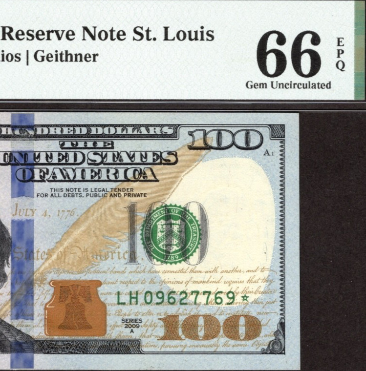 2009A $100 ST LOUIS * STAR * ⭐️ FRN. PMG GEM Uncirculated 66 EPQ Banknote. 2009A $100 ST LOUIS * STAR * ⭐️ FRN. PMG GEM Uncirculated 66 EPQ Banknote.