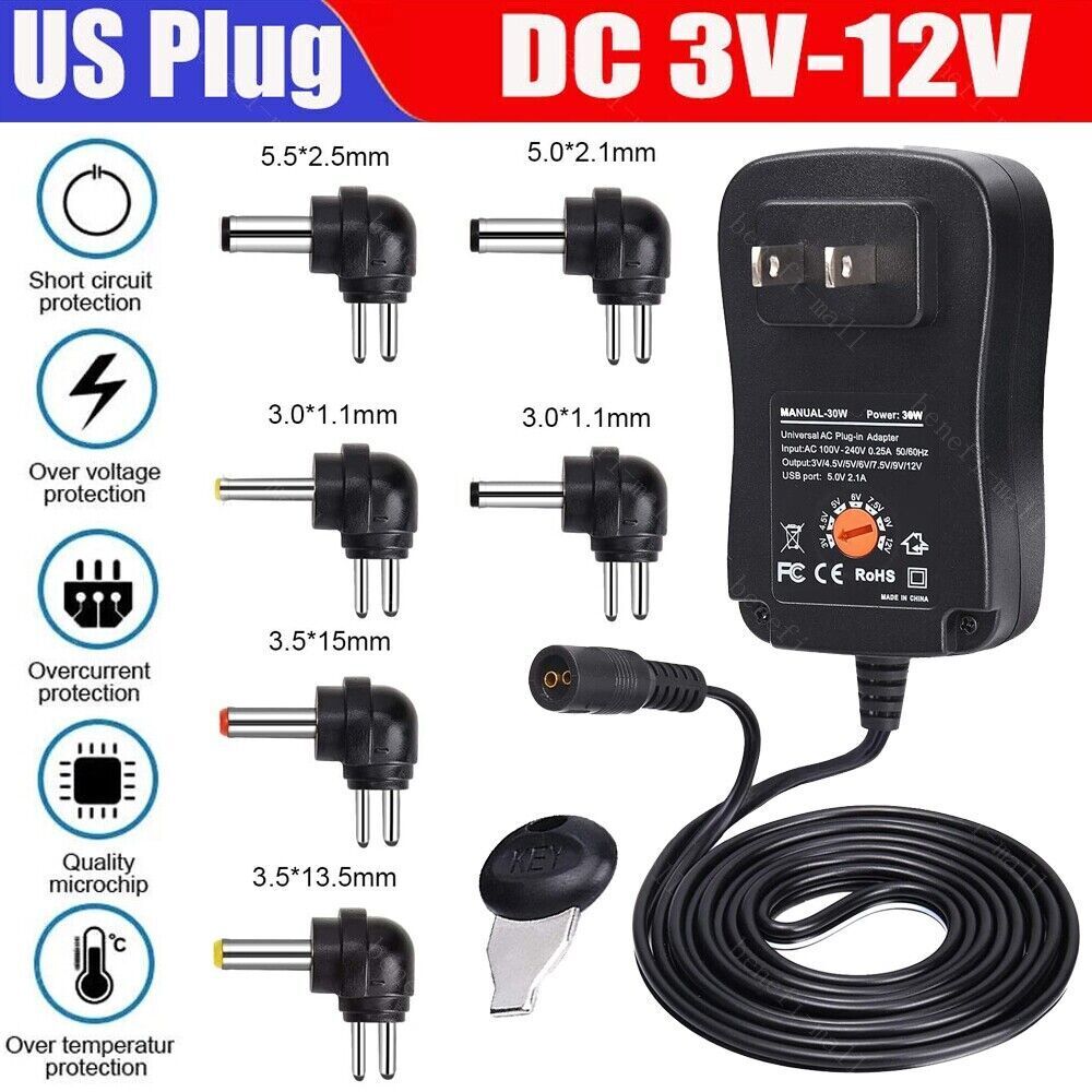 Universal AC to DC 3V~12V Adjustable Power Adapter Supply Charger Electronics US