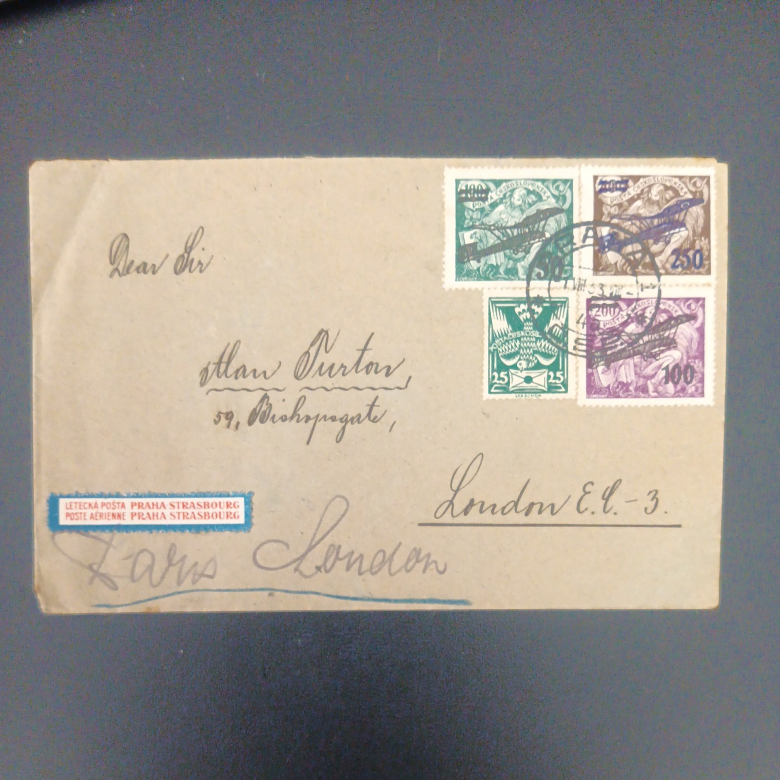 Czechoslovakia 1923 Airmail Cover Prague to London, Overprint Stamps Flown Label