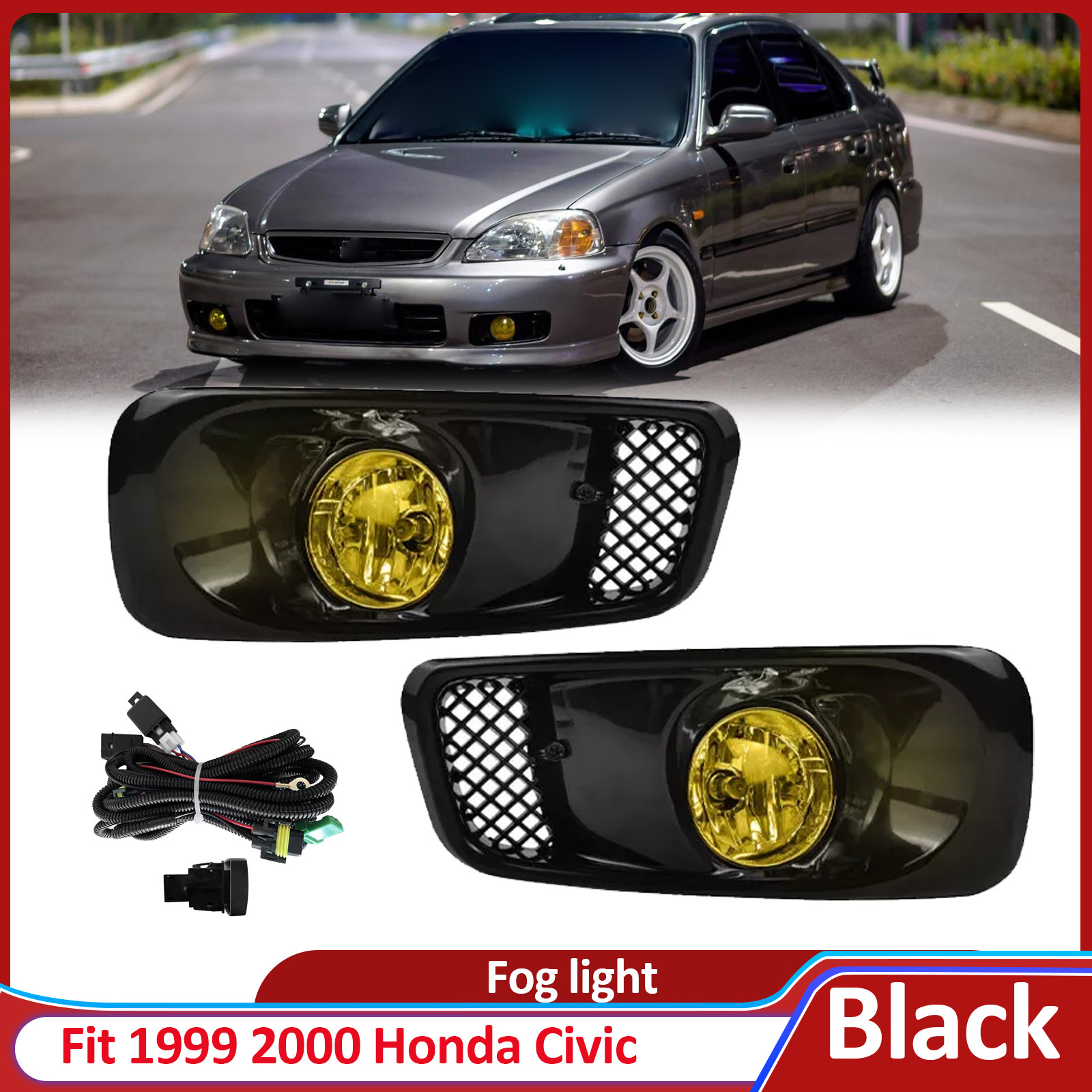 For 1999-2000 Honda Civic 99-00 JDM Bumper Halogen Fog Lights Yellow Lens Lamps For 1999-2000 Honda Civic 99-00 JDM Bumper Halogen Fog Lights Yellow Lens Lamps